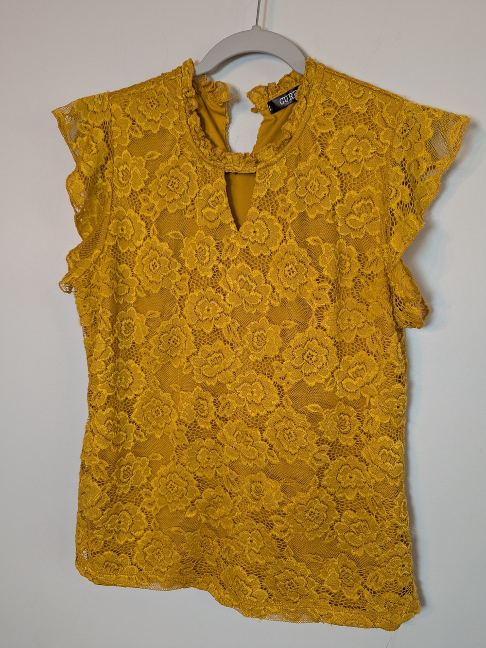 Women's Mustard Lace Flutter Fall Y2k Sleeve Top Large